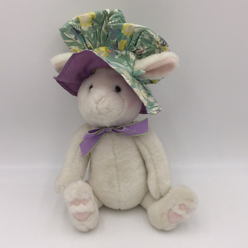 Gund White Easter Bunny wearing Floral Beret Hat Plush Stuffed Animal 10"
